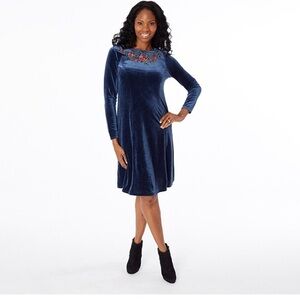 Quacker Factory Navy Blue Velvet Embroidered Floral Dress Size XL